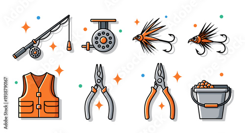 Collection of colorful fishing equipment and tools including a rod reel lures vest pliers and bait bucket isolated