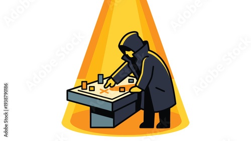 Strategic Planning Under Spotlight: Mysterious Figure at Tactical Table