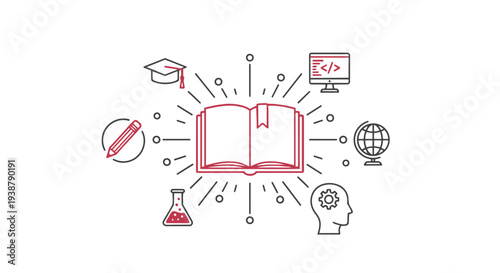 Education and learning concept with book and icons around it