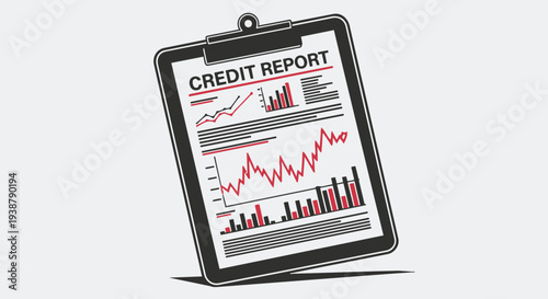 A credit report on a clipboard with graphs and charts on the paper