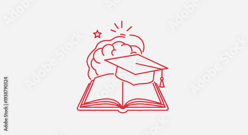 A pink line drawing of a brain wearing a graduation cap on top of an open book with a star