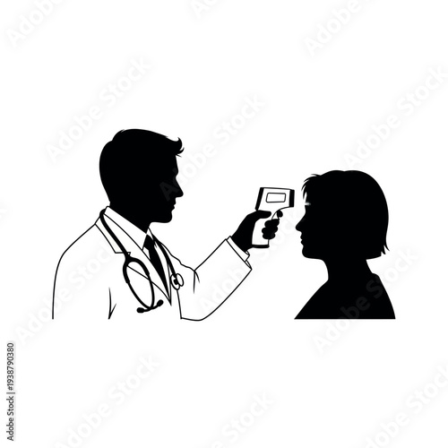 Doctor checking patients temperature with infrared thermometer.