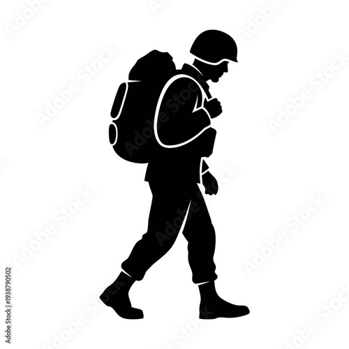 Silhouette of a soldier walking with a backpack.