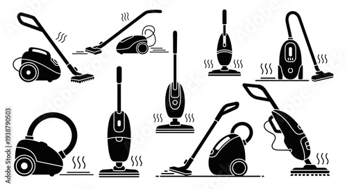 Collection of diverse vacuum cleaner silhouettes including upright canister and steam models representing home cleaning