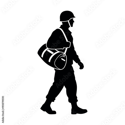 Silhouette of a soldier walking with a duffel bag 1.