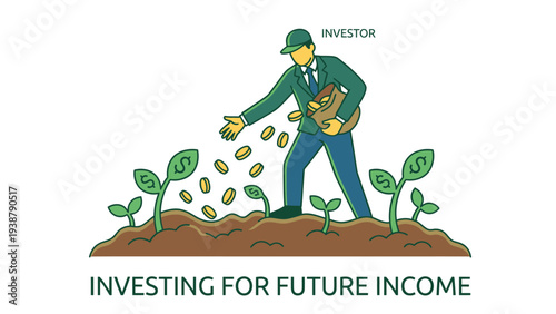 Investor planting money seeds for future income. Financial growth, investment strategy, and wealth creation concept.