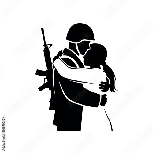 Soldier embracing woman silhouette.