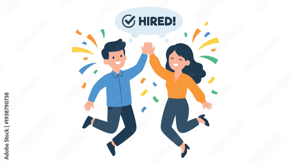 Fototapeta premium Joyful new hires high-fiving, celebrating job success with confetti and 'HIRED!' notification