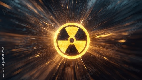 Glowing yellow radiation hazard symbol with explosive energy burst on dark background. Nuclear warning, danger sign, science concept.