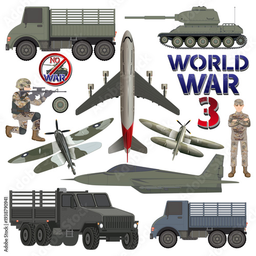 vector illustration of a Military elements and vehicles set