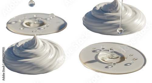 Cosmetic product textures, beauty and skincare ingredient concept. 3d rendering moisturizer cream swipe and face serum puddles and drop