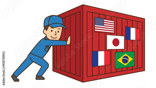 Worker pushing international shipping container with global flags, representing logistics and worldwide trade