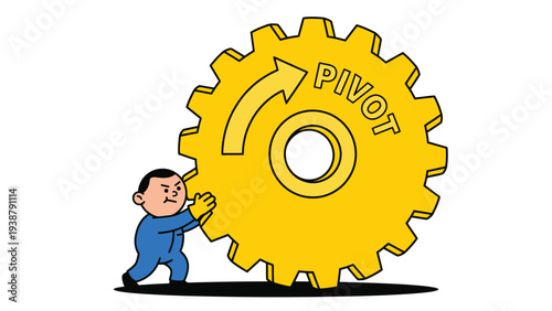 Cartoon man pushing a large 'PIVOT' gear, symbolizing business strategy, change management, and adaptation