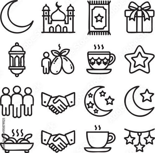 A vibrant set of colorful Eid Ul Fitr icons featuring crescent moon, lanterns, mosque domes, Islamic ornaments, gifts, fireworks, and festive decorations.