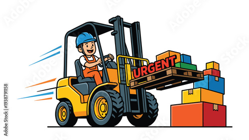 Urgent Delivery by Forklift: Cartoon Worker Transporting Boxes Quickly for Logistics and Shipping