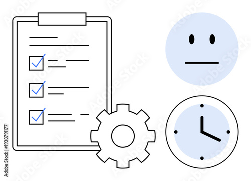 Productivity, task management, workflow, time efficiency, project organization, work mood. Checklist, clock gear and neutral face. Productivity and task management concept