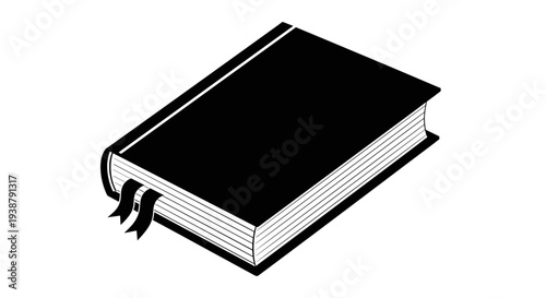 Closed black hardcover book with ribbon bookmarks clean minimalist vector illustration isolated on white background