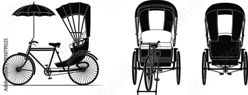 Traditional cycle rickshaw silhouette vector set featuring side view with umbrella, front view, and back view for Asian travel and cultural transportation designs.