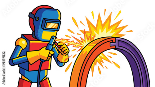 Industrial Robot Welder Character with Sparks and Protective Gear. Automation and Manufacturing Process Vector Illustration.