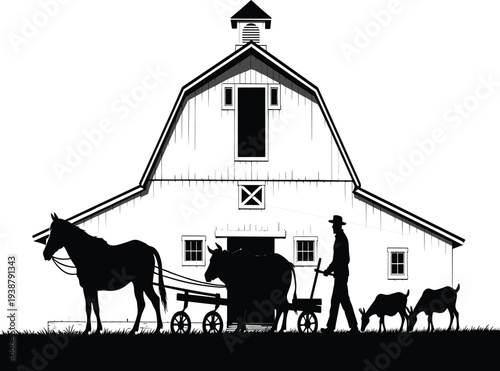 Traditional farm barn with farmer, horse, cow and goats silhouette vector illustration isolated on white background, rural agriculture countryside lifestyle concept design