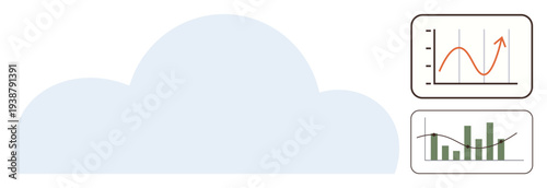 Cloud computing, data analytics, business insights, technology trends, digital transformation, online storage. Large cloud shape with two graphs showing data trends. Cloud computing and data
