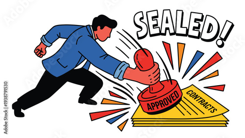 Businessman stamping 'APPROVED' on contracts, symbolizing a sealed deal and finalization with 'SEALED!' text