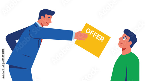 Business professional presenting an offer document to another person. Job offer, proposal, or deal concept.