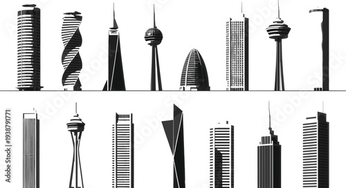 Black vector illustration set of fourteen modern skyscraper and tower silhouettes featuring diverse architectural designs for urban city skyline and metropolitan business projects