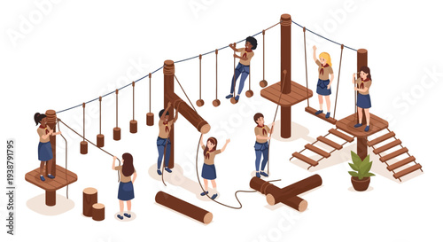 Isometric illustration of Girl Scouts in teamwork on an obstacle course for a national Girl Scout Day celebration concept with a girls' leadership program and community event.