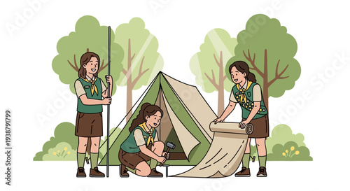 Illustration of Girl Scouts setting up a tent in a forest for a celebration event with teamwork and leadership.