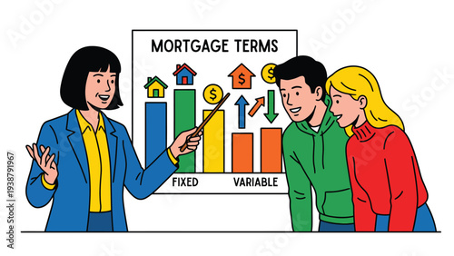 Financial advisor explains mortgage terms, fixed and variable rates, to young couple with whiteboard illustration
