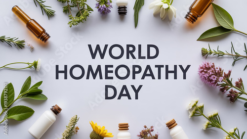 Conceptual World Homoeopathy Day image, homeopathic remedies arranged with fresh herbs and flowers, bright and airy background