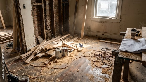 Construction site with wooden elements and materials, with a window and beams visible