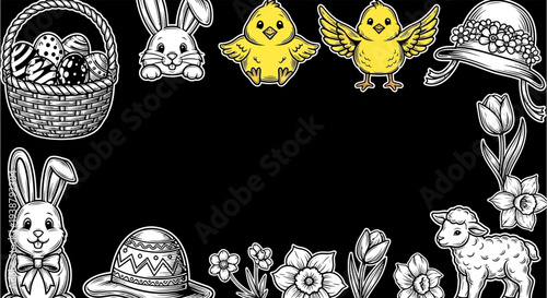 Elegant Easter vector frame with bunnies, chicks, lambs, and floral elements, a classic spring holiday design for cards, invitations, and festive art, vector.