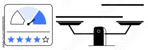 Business evaluation, customer feedback, performance metrics, decision accuracy, quality control, user trust. Graphic shows a meter gauge with star rating and a balance scale. Business evaluation