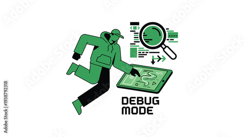 Software Debugging Concept: Stylized person in 'Debug Mode' analyzing code on a tablet with a magnifying glass.