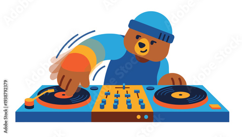 Fun Cartoon Bear DJ Mixing Music on Turntables