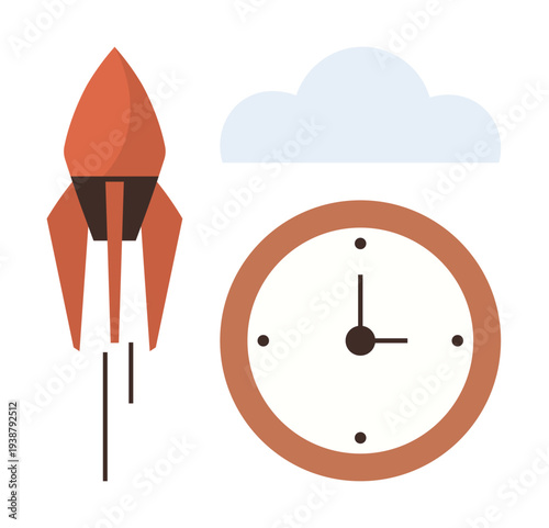 Time management, productivity, innovation, startup growth, efficiency, technology development. Rocket and clock with cloud above. Time management and productivity concepts