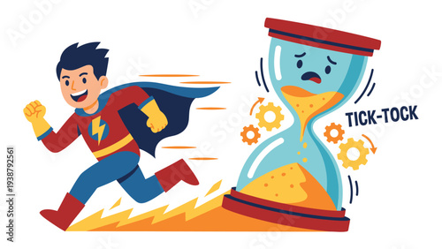 Superhero racing against a ticking hourglass, symbolizing time pressure, urgency, and efficient project management