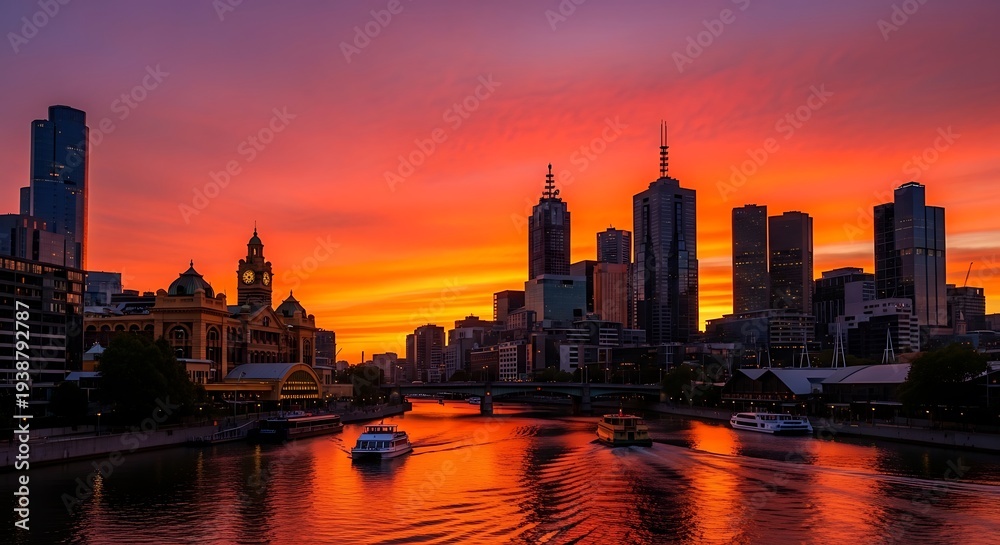 Fototapeta premium City skyline silhouetted against a vibrant orange and purple sunset sky