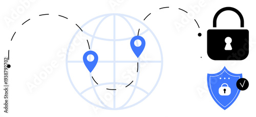 Cybersecurity concept. Cybersecurity ensuring global data safety with padlock, shield icon, and location pins. Cybersecurity secure connections. For tech, data management, privacy tools, digital