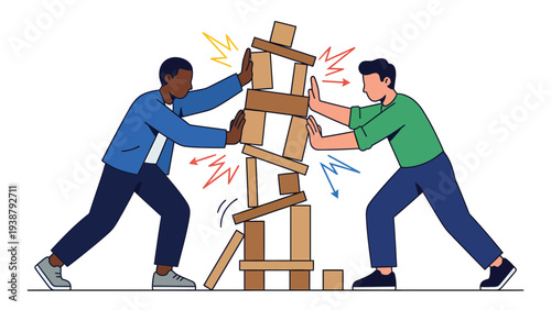 Conflict and instability: Two men pushing a collapsing block tower, symbolizing disagreement, pressure, and breakdown