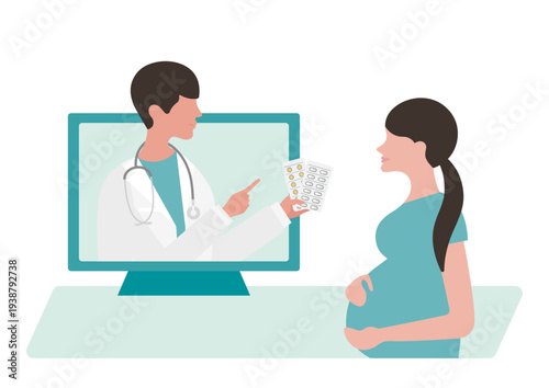 医師と妊婦のオンライン診療と薬のベクターイラスト素材