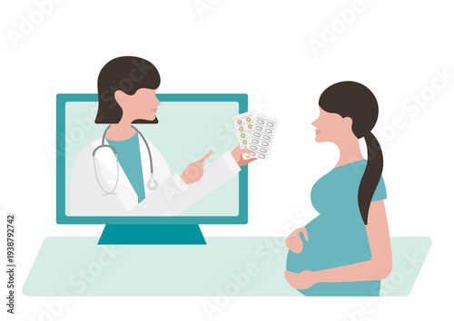 女医と妊婦のオンライン診療と薬のベクターイラスト素材
