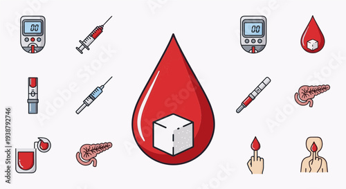 Medical Diabetes Icons with Insulin Injection, Glucose Meter and Blood Drop