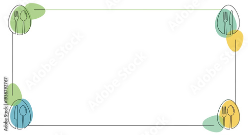 Easter vector frame with cutlery elements, pastel colors, and minimalist design for spring celebrations and festive greetings, creating a cheerful and inviting atmosphere.