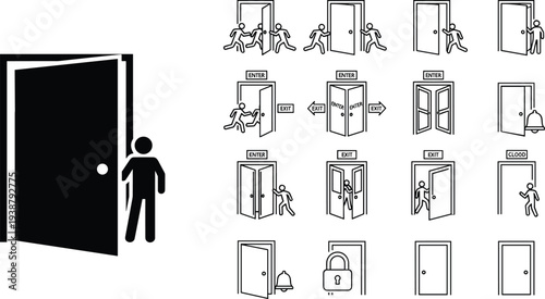 Door icons set, entry exit symbols, access control illustration, security design, revolving doors, open closed states, navigation, building access concepts