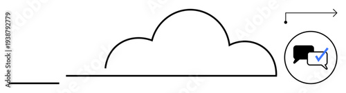 Cloud outline with an arrow indicating movement, and a chat bubble with a checkmark inside, representing communication, networking, collaboration, data management, efficiency, remote work