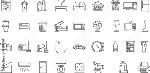 Household furniture icons set, home lifestyle symbols, interior design elements, appliances illustration, living room decor, kitchen tools, bathroom essentials