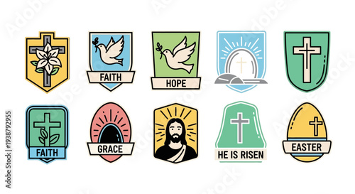 Easter vector emblems with religious symbols, including lilies, doves, crosses, and a depiction of Jesus, conveying faith, hope, and grace for spring celebrations.
